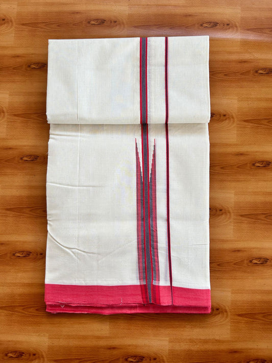 Double Off White (Unbleached) Mundu/Dhoti - 25% Discount!! KaithariKada Handloom Unakkupaav - Kerala Handloom - 100% Pure Cotton - 100x80 - 1 inch Red Pink & Purple Brown Chutty Kara 3.80 mtr (8 muzham) - 9 KK5498 REA
