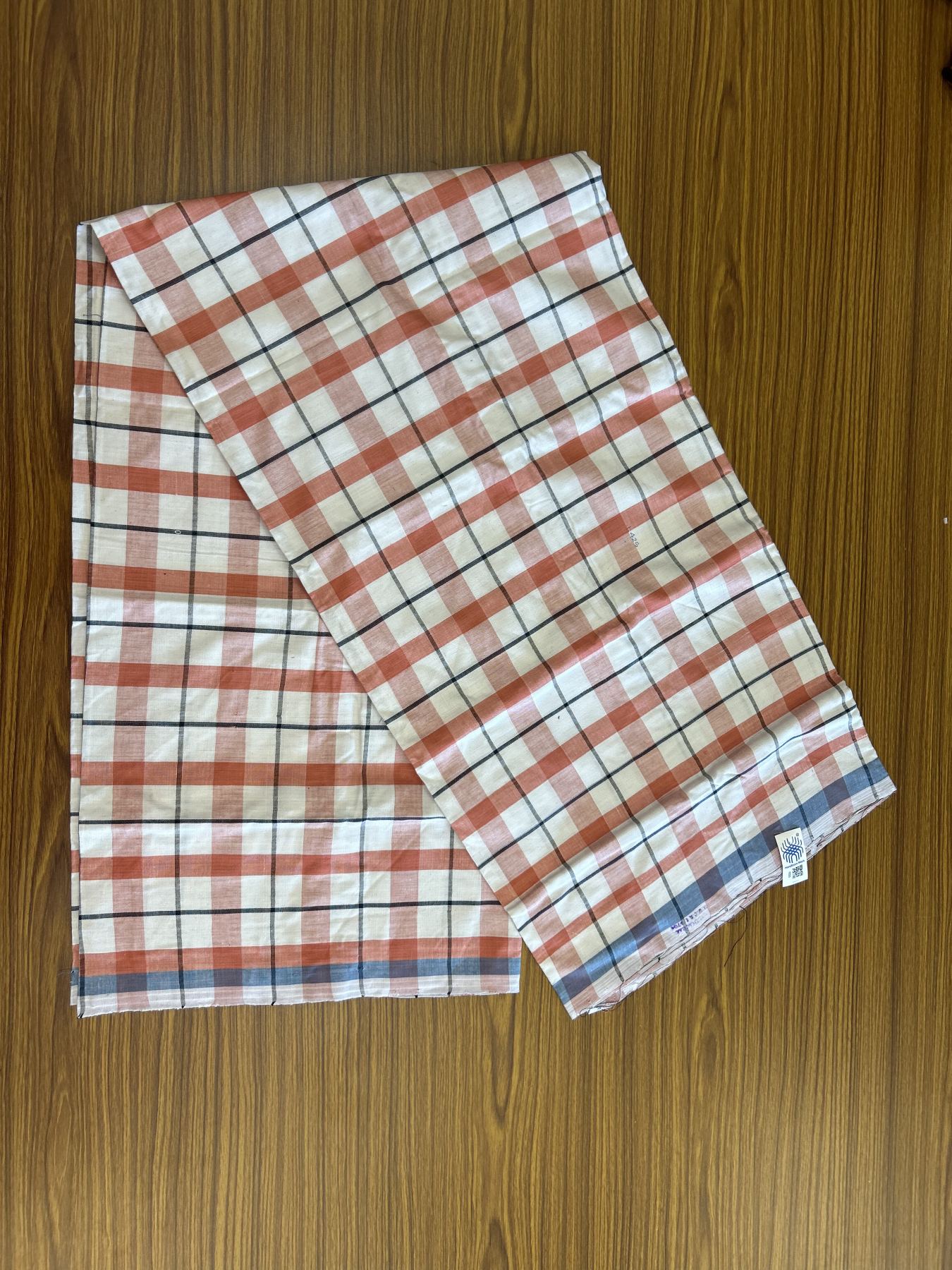 Kerala Handloom - Signature Kaitharikada - Government Sealed Hallmarked - 100% Pure Cotton - 2/60X40s Twisted Thread - Handloom Single Mundu/Dhoti - Brick Orange & Navy blue check Body  - 2.62 mtr - 62 KK8046 KAL