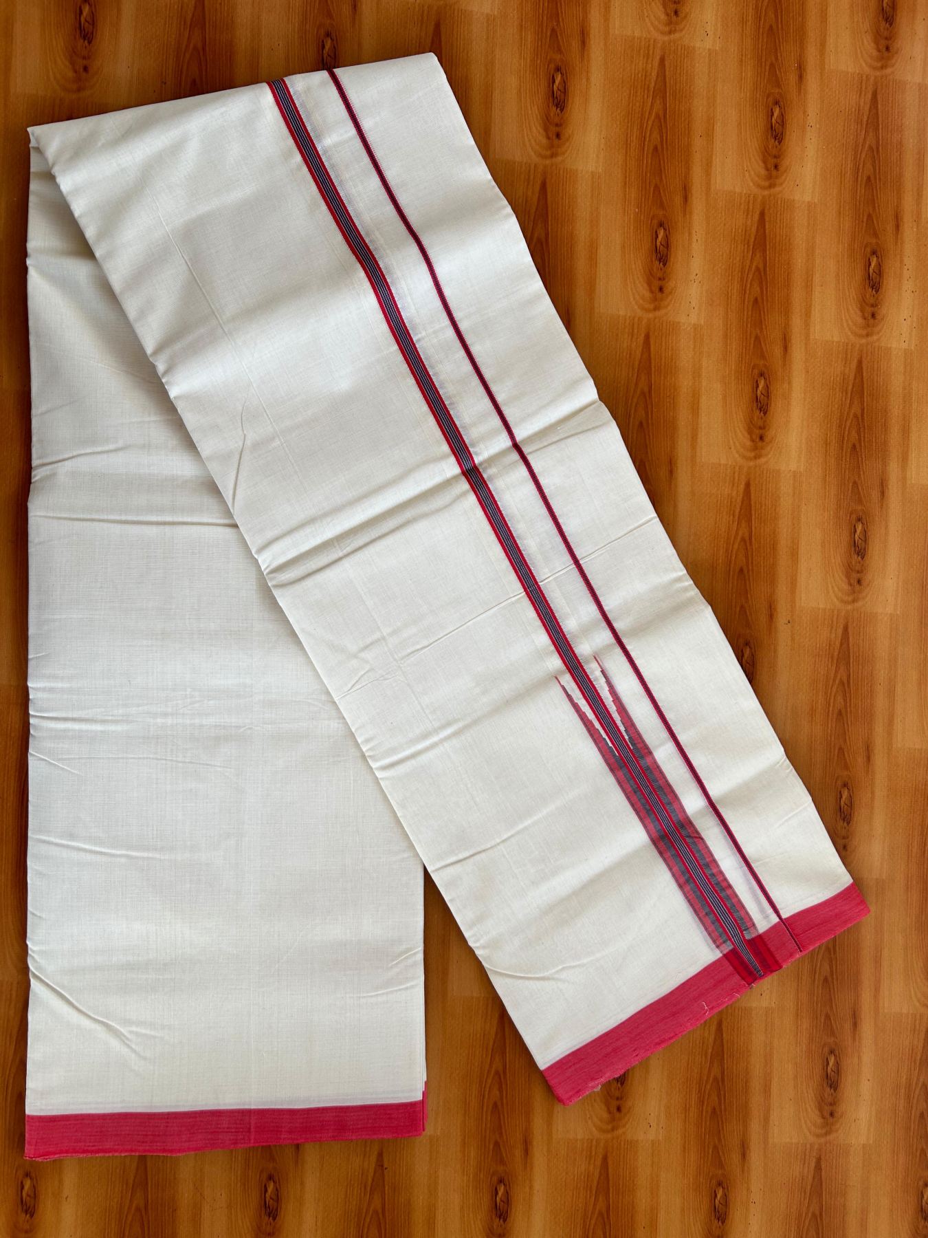 Double Off White (Unbleached) Mundu/Dhoti - 25% Discount!! KaithariKada Handloom Unakkupaav - Kerala Handloom - 100% Pure Cotton - 100x80 - 1 inch Red Pink & Purple Brown Chutty Kara 3.80 mtr (8 muzham) - 9 KK5498 REA