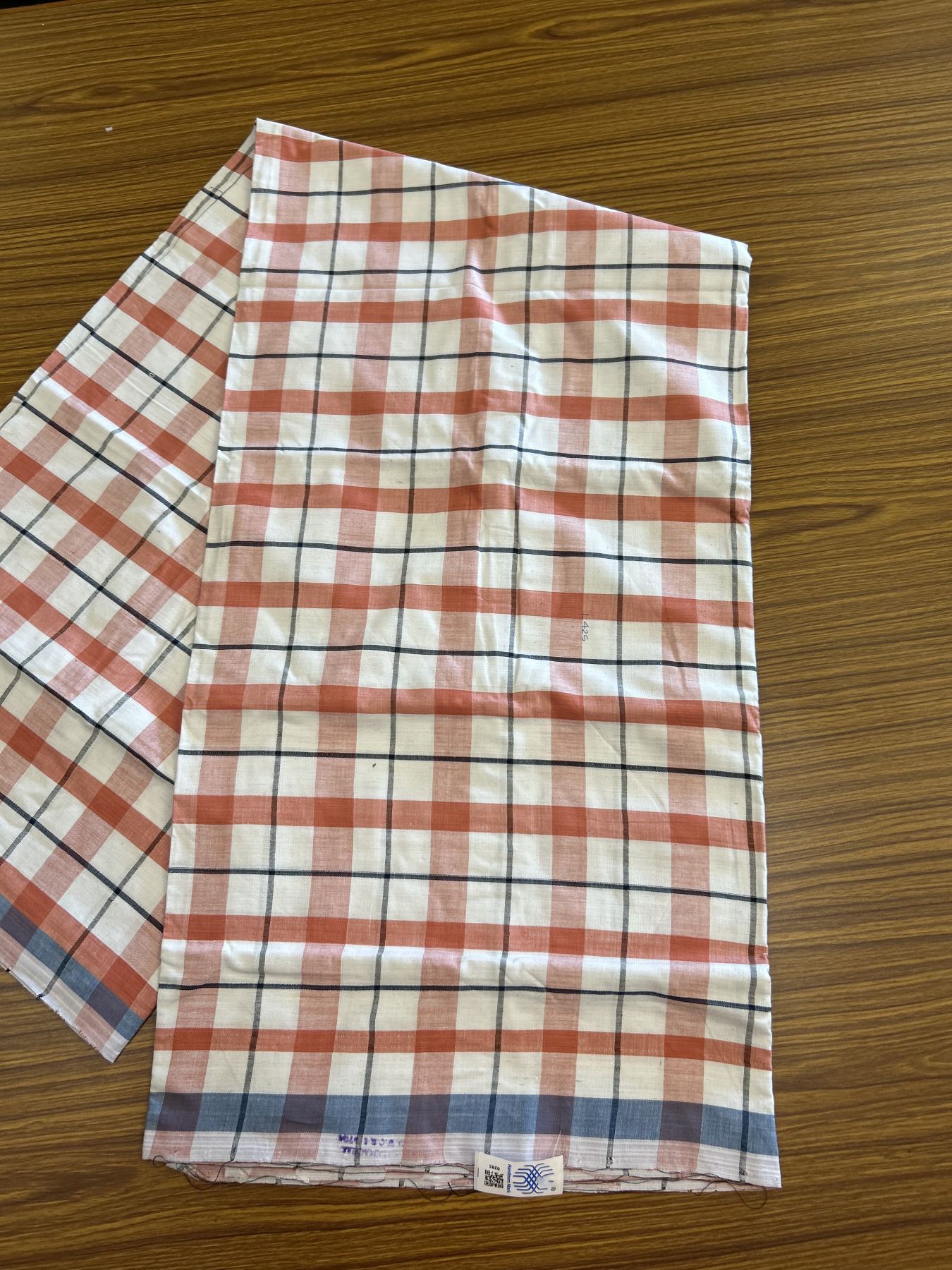 Kerala Handloom - Signature Kaitharikada - Government Sealed Hallmarked - 100% Pure Cotton - 2/60X40s Twisted Thread - Handloom Single Mundu/Dhoti - Brick Orange & Navy blue check Body  - 2.62 mtr - 62 KK8046 KAL