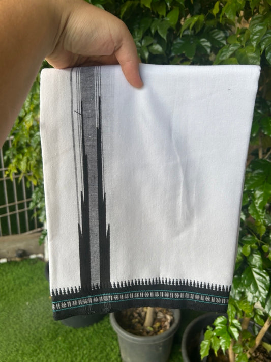18% Discount!!! Kaitharikada Pure Cotton - Single Kaily / Lungi - 1.5 inch Puliyilakkara Black Striped Printed Chutty Kuppadam kara with White colour body (2 meter / 4 muzham) - 5KK8023 AS