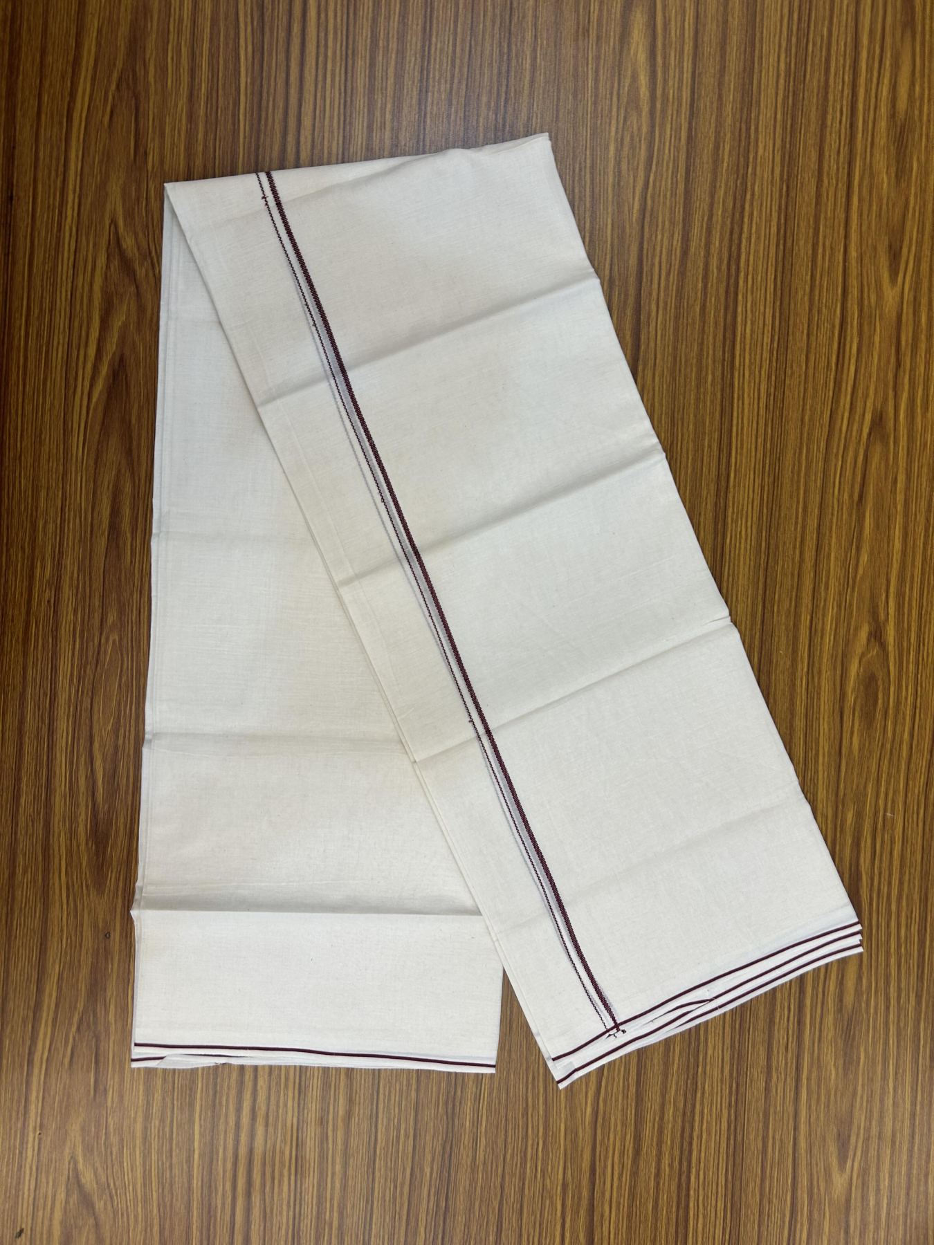 20% Discount! KaithariKada Balaramapuram 100% Cotton Double Off white - (Unbleached) - Mundu/Dhoti - 100x80 - 0.3 cm Maroon Thin Kara 4 mtr (8.5 muzham) - 28 KK5357 VAS
