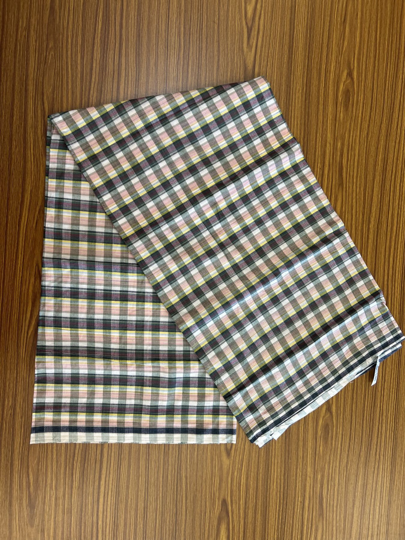 Kerala Handloom - Signature Kaitharikada - Government Sealed Hallmarked - 100% Pure Cotton - 2/60X40s Twisted Thread - Handloom Single Mundu/Dhoti - Olive Green & Peach check Body  - 2.64 mtr - 64 KK8046 KAL