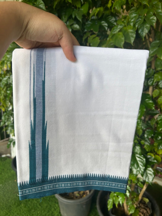 18% Discount!!! Kaitharikada Pure Cotton - Single Kaily / Lungi - 1.5 inch Puliyilakkara Peacock Blue & Blue Striped Printed Chutty Kuppadam Design kara with White colour body (2 meter / 4 muzham) - 4KK8023 AS