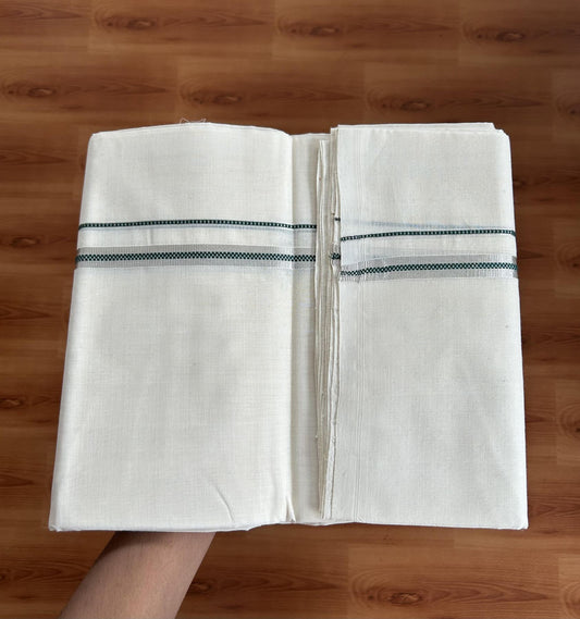 25% Discount ! KaithariKada Handloom Millpaav - Kerala Handloom - 100% Pure Cotton Off White (Unbleached) Double Mundu/Dothi - 100x80 - 0.5 inch Silver Kasav & Green Muthukuri Kara 3.80 Meters (8 Muzham) - 90 KK5380 SOM