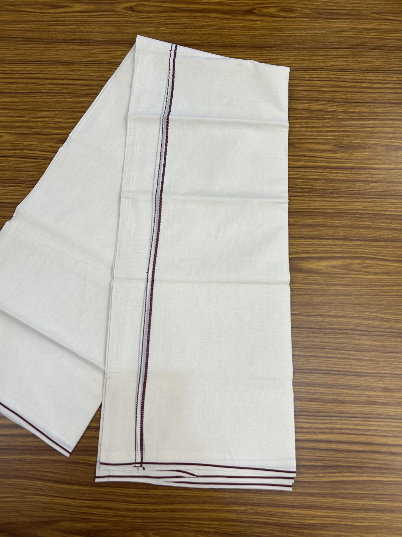20% Discount! KaithariKada Balaramapuram 100% Cotton Double Off white - (Unbleached) - Mundu/Dhoti - 100x80 - 0.3 cm Maroon Thin Kara 4 mtr (8.5 muzham) - 28 KK5357 VAS
