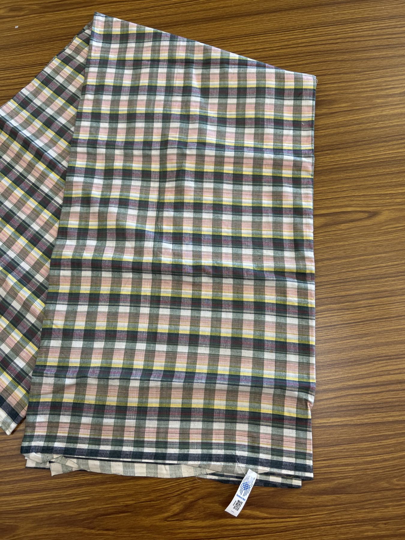 Kerala Handloom - Signature Kaitharikada - Government Sealed Hallmarked - 100% Pure Cotton - 2/60X40s Twisted Thread - Handloom Single Mundu/Dhoti - Olive Green & Peach check Body  - 2.64 mtr - 64 KK8046 KAL