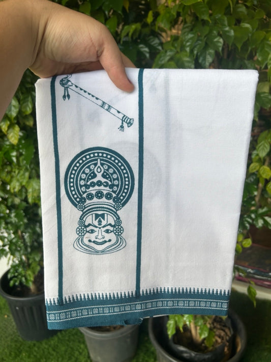 18% Discount! Kaitharikada Pure Cotton - Single Kaily / Lungi - 4 inch  Peacock Blue Printed Kadhakali , Peacock Feather & Flute Kuppadam Design kara with White colour body (2 meter / 4 muzham) - 3KK8023 AS