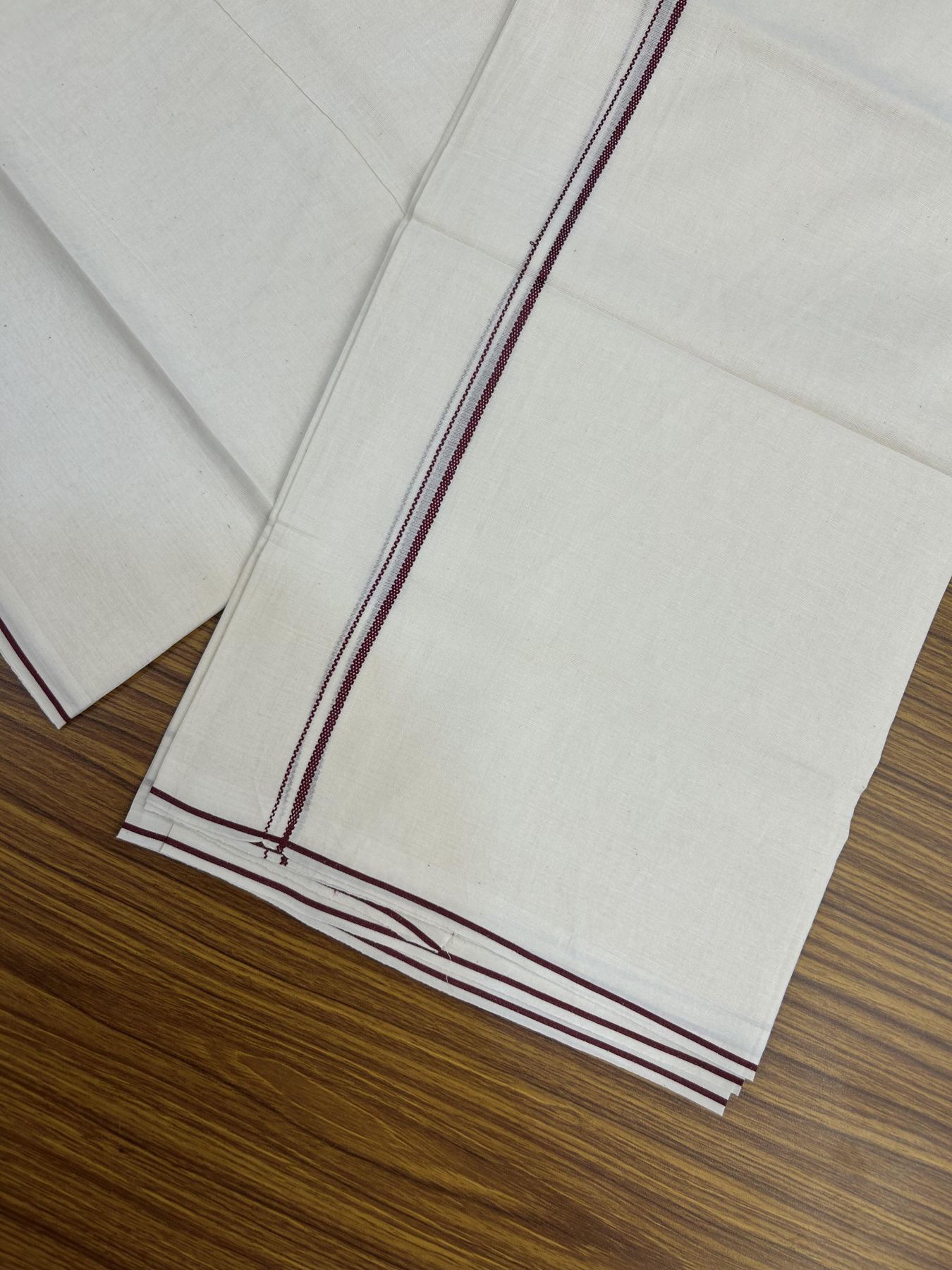 20% Discount! KaithariKada Balaramapuram 100% Cotton Double Off white - (Unbleached) - Mundu/Dhoti - 100x80 - 0.3 cm Maroon Thin Kara 4 mtr (8.5 muzham) - 28 KK5357 VAS
