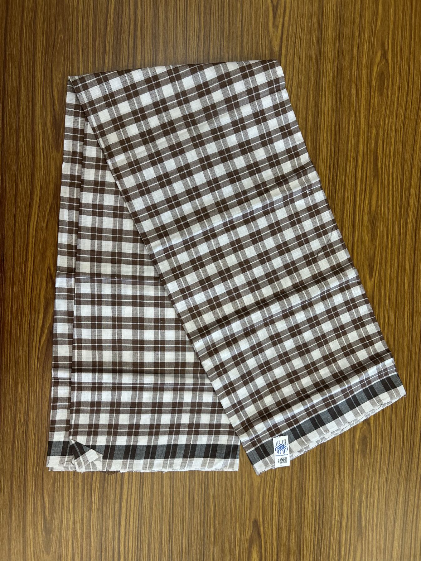 Kerala Handloom - Signature Kaitharikada - Government Sealed Hallmarked - 100% Pure Cotton - 2/60X40s Twisted Thread - Handloom Single Mundu/Dhoti - Brown Check Body  - 2.20 mtr - 51 KK8046 KAL