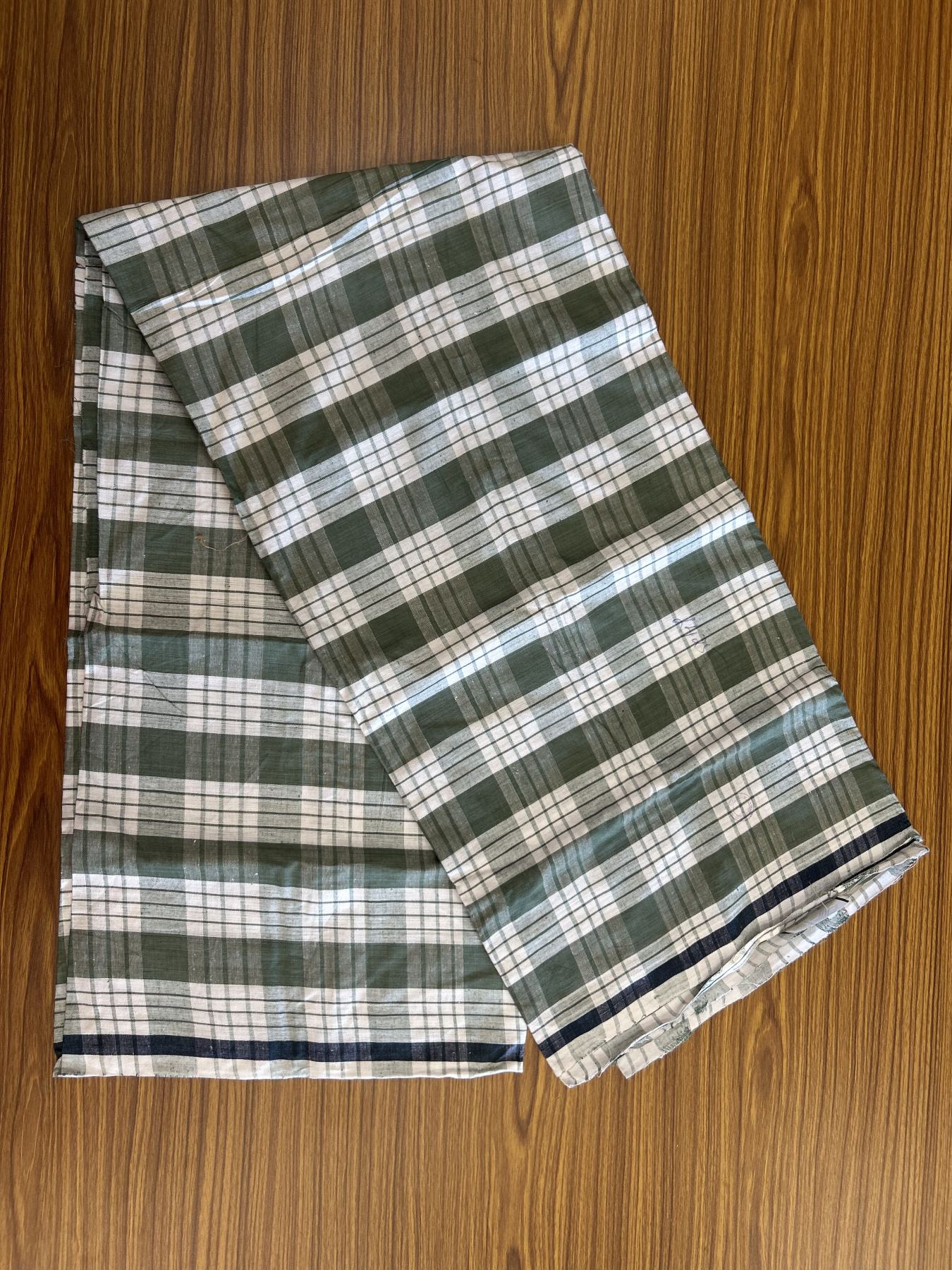 Kerala Handloom - Signature Kaitharikada - Government Sealed Hallmarked - 100% Pure Cotton - 2/60X40s Twisted Thread - Handloom Single Mundu/Dhoti - Olive Green Check Body  - 2.40 mtr - 56 KK8046 KAL