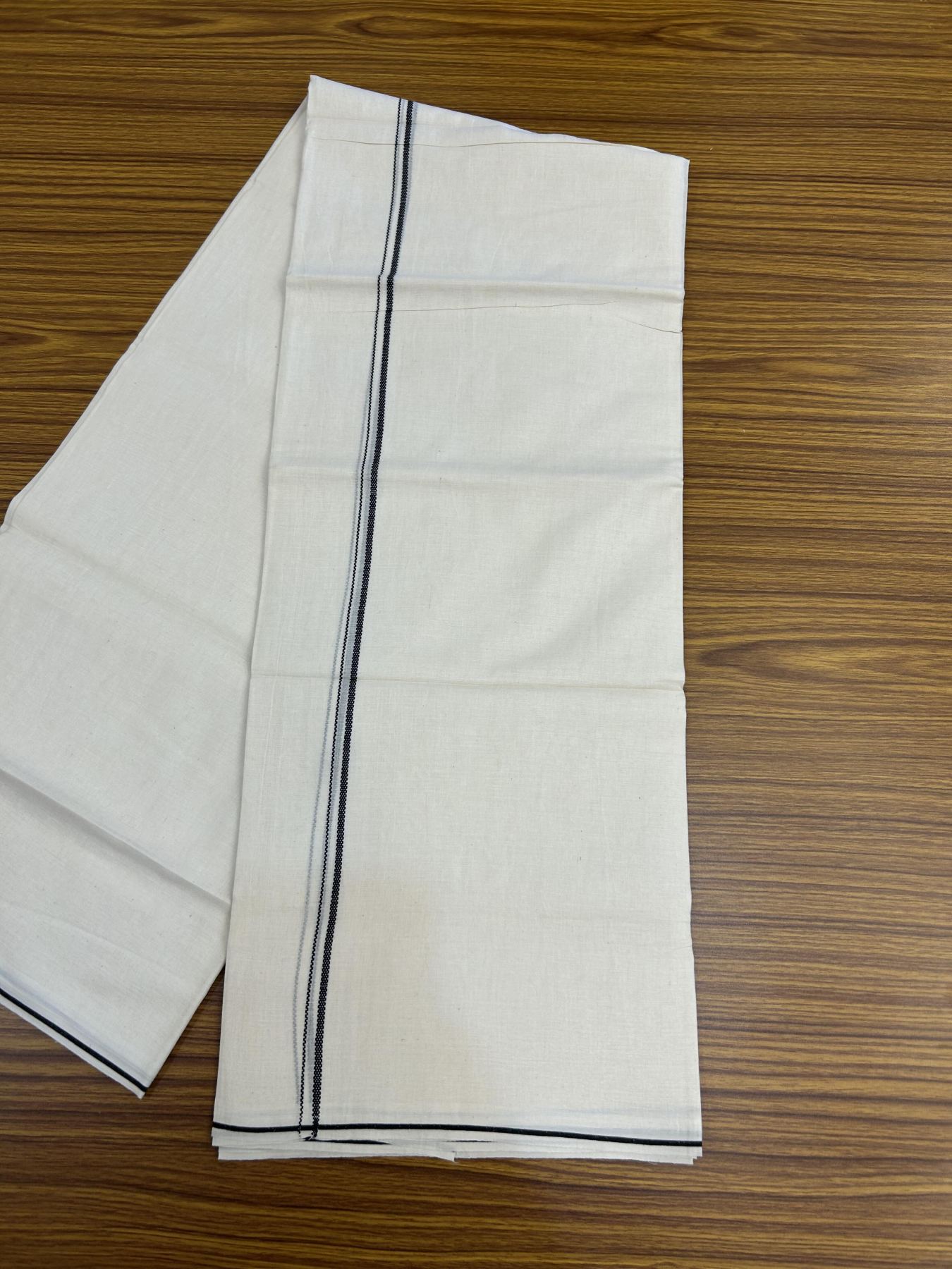 20% Discount! KaithariKada Balaramapuram 100% Cotton Double Off white - (Unbleached) - Mundu/Dhoti - 100x80 - 0.3 cm Black Design Thin Kara 4 mtr (8.5 muzham) - 24 KK5357 VAS