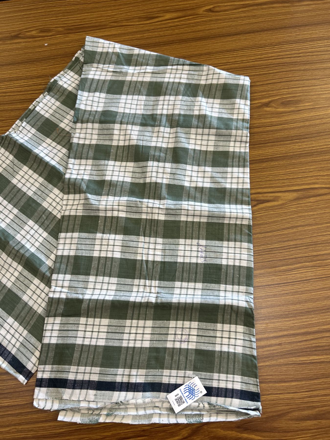 Kerala Handloom - Signature Kaitharikada - Government Sealed Hallmarked - 100% Pure Cotton - 2/60X40s Twisted Thread - Handloom Single Mundu/Dhoti - Olive Green Check Body  - 2.40 mtr - 56 KK8046 KAL