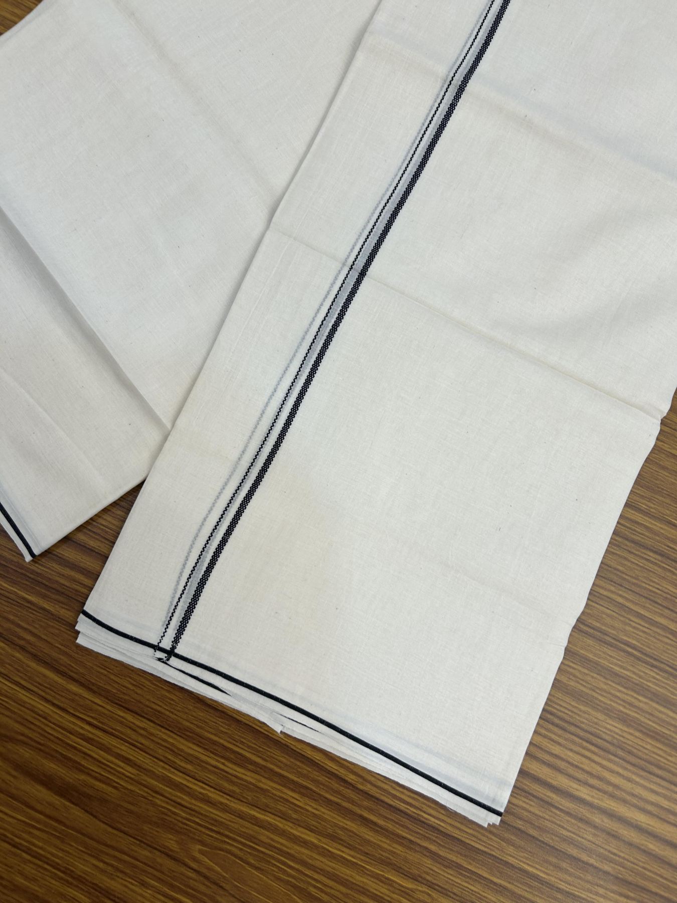 20% Discount! KaithariKada Balaramapuram 100% Cotton Double Off white - (Unbleached) - Mundu/Dhoti - 100x80 - 0.3 cm Black Design Thin Kara 4 mtr (8.5 muzham) - 24 KK5357 VAS