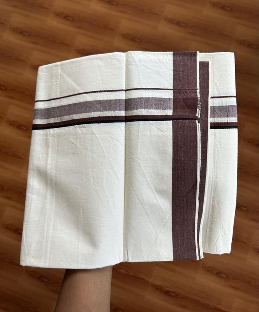 Single Mundu/Dhoti - Off White (Unbleached) 29% Discount !! KaithariKada Balaramapuram 100% Cotton Twisted 60s Thread - 1 Inch Silver Kasav & Black & Chocolate Brown Shaded Kara (2 meter /4 muzham) - 3 KK5393 GL