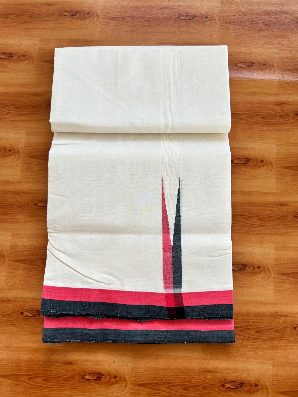 Double Off White (Unbleached) Mundu/Dhoti - 25% Discount!! KaithariKada Handloom Unakkupaav - 100% Pure Cotton - 100x80 - 1 inch Puliyilakkara Red & Black Chutty 3.80 meter (8 muzham) - 25 KK5498 REA