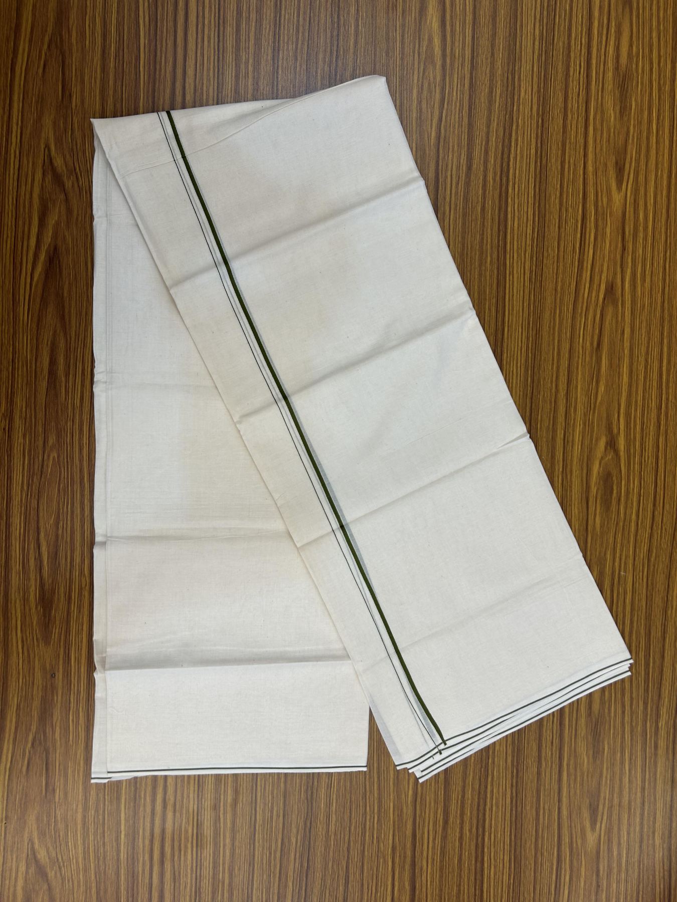 20% Discount! KaithariKada Balaramapuram 100% Cotton Double Off white - (Unbleached) - Mundu/Dhoti - 100x80 - 0.3 cm Olive Green Thin Kara 4 mtr (8.5 muzham) - 59 KK5357 VAS