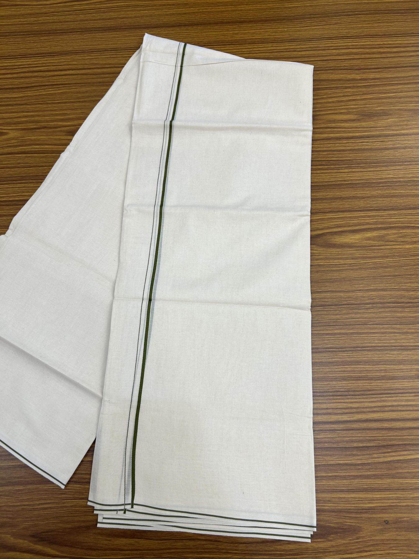 20% Discount! KaithariKada Balaramapuram 100% Cotton Double Off white - (Unbleached) - Mundu/Dhoti - 100x80 - 0.3 cm Olive Green Thin Kara 4 mtr (8.5 muzham) - 59 KK5357 VAS