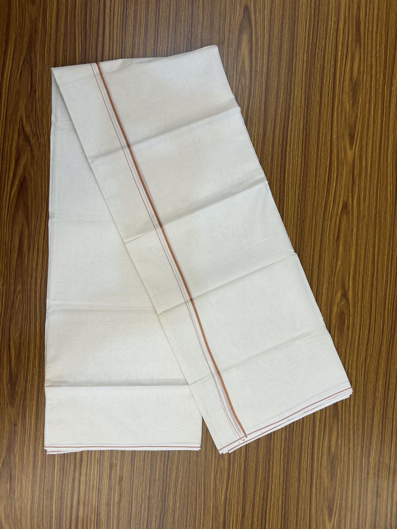 20% Discount! KaithariKada Balaramapuram 100% Cotton Double Off white - (Unbleached) - Mundu/Dhoti - 100x80 - 0.3 cm Cinnamon Brown Thin Kara 4 mtr (8.5 muzham) - 25 KK5357 VAS