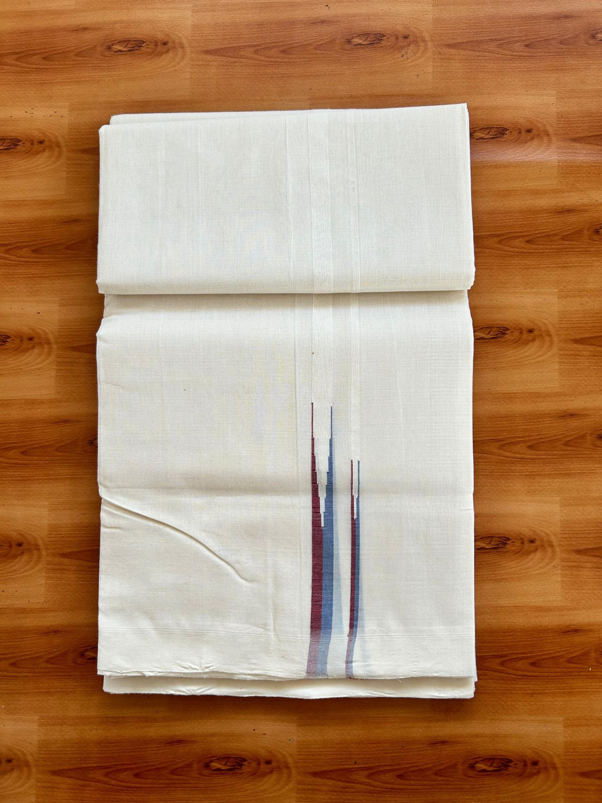 Double Off White (Unbleached) Mundu/Dhoti - 25% Discount!! KaithariKada Handloom Unakkupaav - 100% Pure Cotton - 100x80 - 1 inch Puliyilakkara Maroon & Ash Blue Double Chutty 4 meter (8.5 muzham) - 24 KK5498 REA