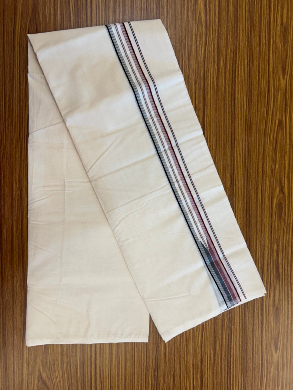 ADMK VESHTI 20% Discount !! KaithariKada Balaramapuram Double Off white - (Unbleached) Mundu/Dhoti - 100X100 - 1.5 inch Puliyilakkara Maroon & Black Striped Chutty Kara - Big Size Dhoti - 2 KK5288 ASH
