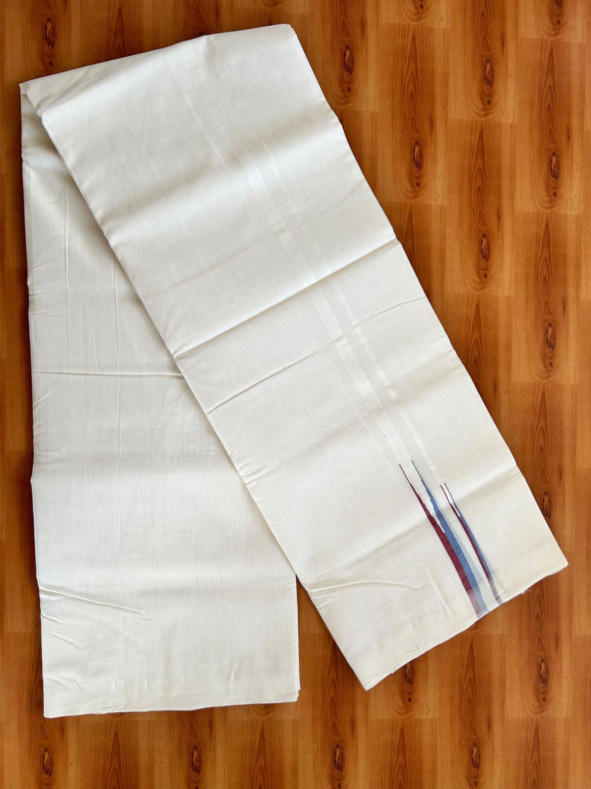 Double Off White (Unbleached) Mundu/Dhoti - 25% Discount!! KaithariKada Handloom Unakkupaav - 100% Pure Cotton - 100x80 - 1 inch Puliyilakkara Maroon & Ash Blue Double Chutty 4 meter (8.5 muzham) - 24 KK5498 REA