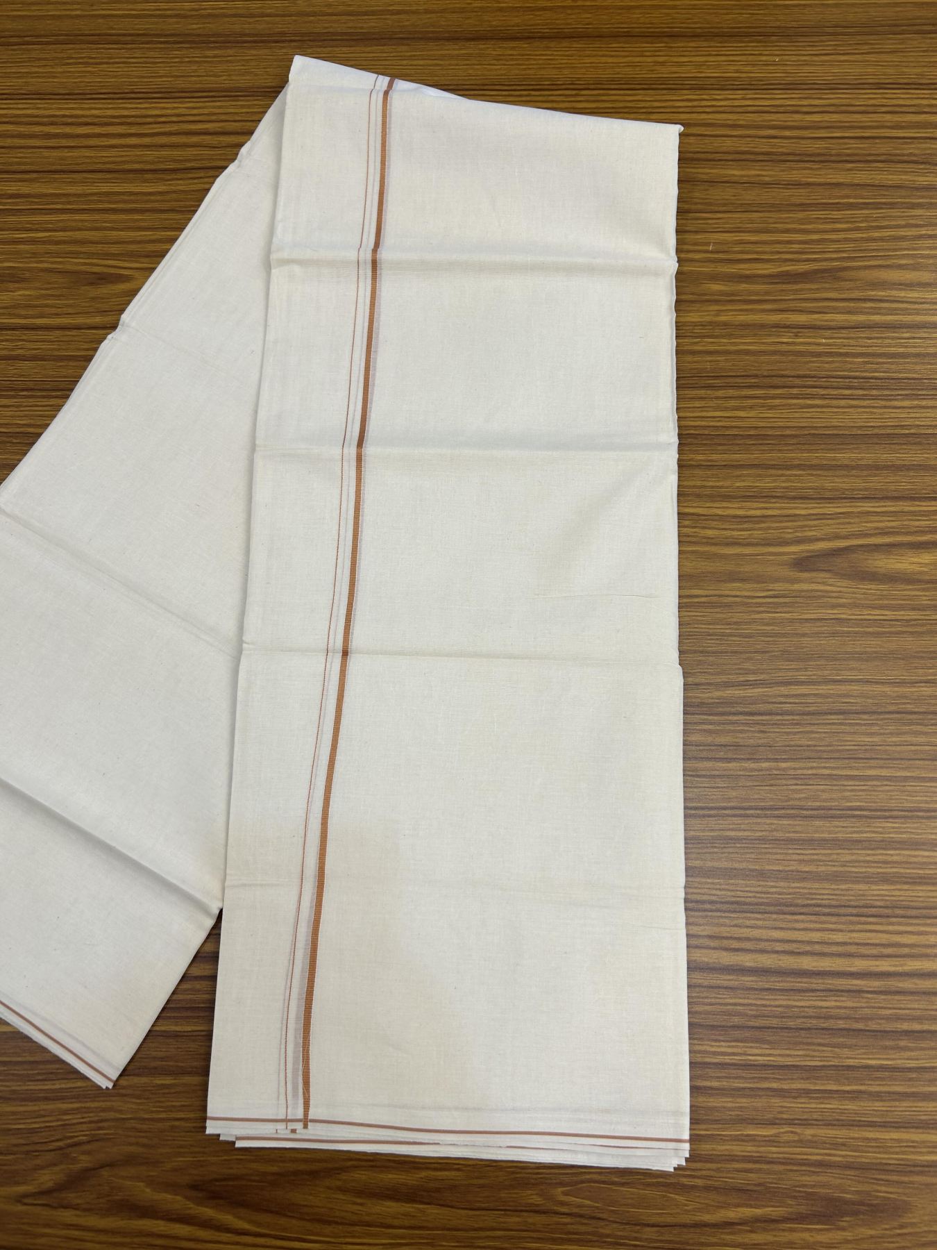20% Discount! KaithariKada Balaramapuram 100% Cotton Double Off white - (Unbleached) - Mundu/Dhoti - 100x80 - 0.3 cm Cinnamon Brown Thin Kara 4 mtr (8.5 muzham) - 25 KK5357 VAS