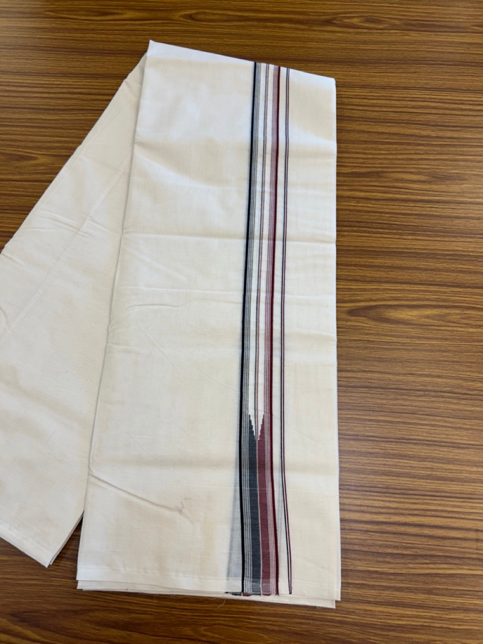 ADMK VESHTI 20% Discount !! KaithariKada Balaramapuram Double Off white - (Unbleached) Mundu/Dhoti - 100X100 - 1.5 inch Puliyilakkara Maroon & Black Striped Chutty Kara - Big Size Dhoti - 2 KK5288 ASH