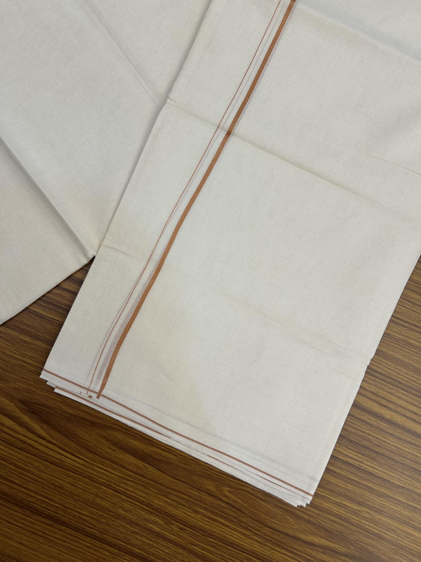 20% Discount! KaithariKada Balaramapuram 100% Cotton Double Off white - (Unbleached) - Mundu/Dhoti - 100x80 - 0.3 cm Cinnamon Brown Thin Kara 4 mtr (8.5 muzham) - 25 KK5357 VAS