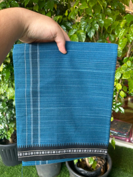 31% Discount!!! Kaitharikada 90% cotton 5 % Polyster - Single Kaily / Lungi -  1 inch Peacock Blue kara with White & Peacock Blue colour body Kuppadam Border (2 meter / 4 muzham) - 21KK8023 AS