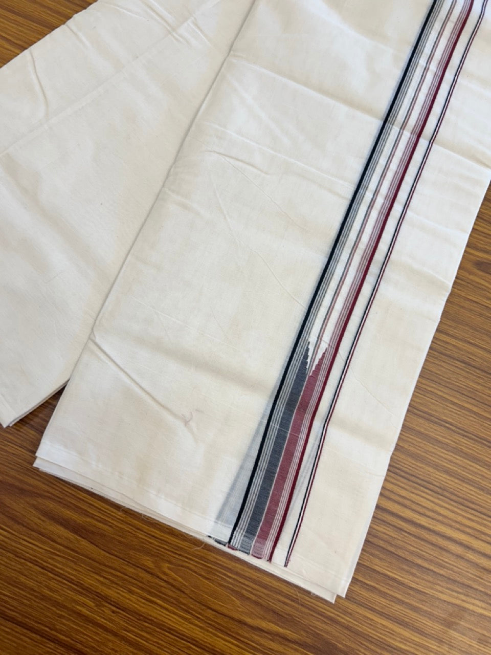 ADMK VESHTI 20% Discount !! KaithariKada Balaramapuram Double Off white - (Unbleached) Mundu/Dhoti - 100X100 - 1.5 inch Puliyilakkara Maroon & Black Striped Chutty Kara - Big Size Dhoti - 2 KK5288 ASH