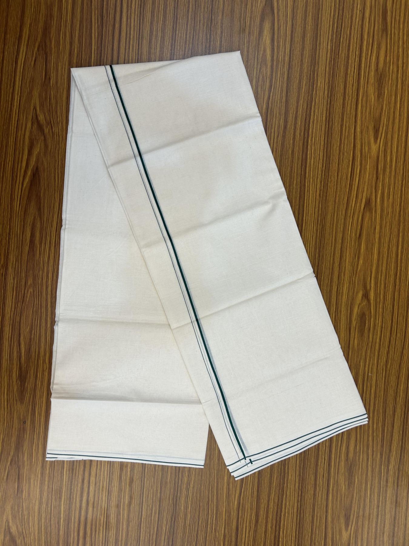 20% Discount! KaithariKada Balaramapuram 100% Cotton Double Off white - (Unbleached) - Mundu/Dhoti - 100x80 - 0.3 cm Green Thin Kara 4 mtr (8.5 muzham) - 35 KK5357 VAS