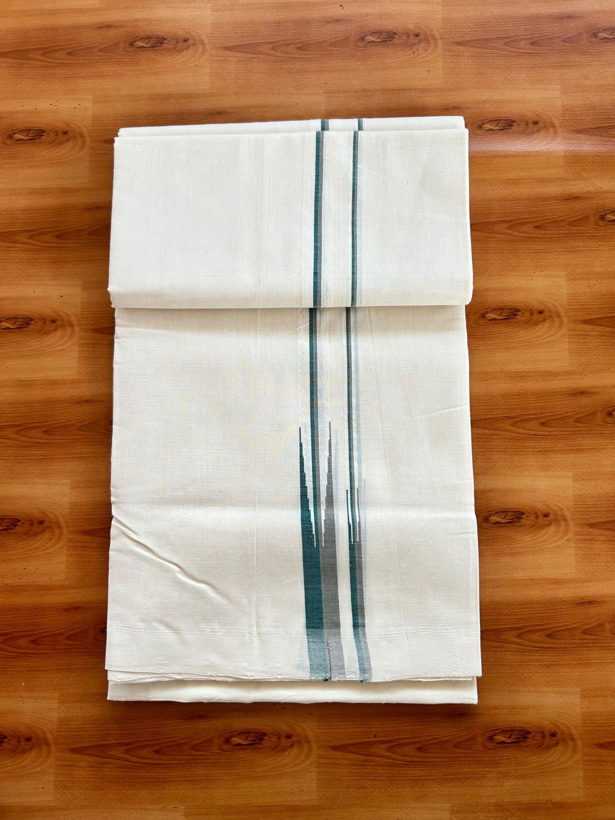 Double Off White (Unbleached) Mundu/Dhoti - 25% Discount!! KaithariKada Handloom Unakkupaav - 100% Pure Cotton - 100x80 - 1 inch Puliyilakkara Sage Green & Green Double Chutty 4 meter (8.5 muzham) - 22 KK5498 REA