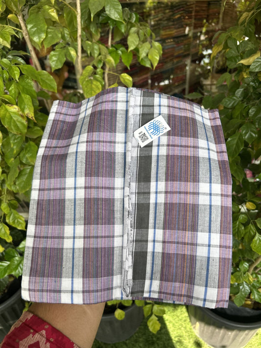 Kerala Handloom - Signature Kaitharikada - Government Sealed Hallmarked - 100% Pure Cotton - 2/60X40s Twisted Thread - Handloom Single Mundu/Dhoti - Purple & Multi colour check Body  - 2.16 mtr - 71 KK8046 KAL