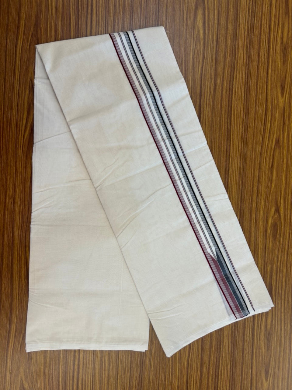 ADMK VESHTI 20% Discount !! KaithariKada Balaramapuram Double Off white - (Unbleached) Mundu/Dhoti - 100X100 - 1.5 inch Puliyilakkara Maroon & Black Striped Chutty Kara - Big Size Dhoti - 1 KK5288 ASH
