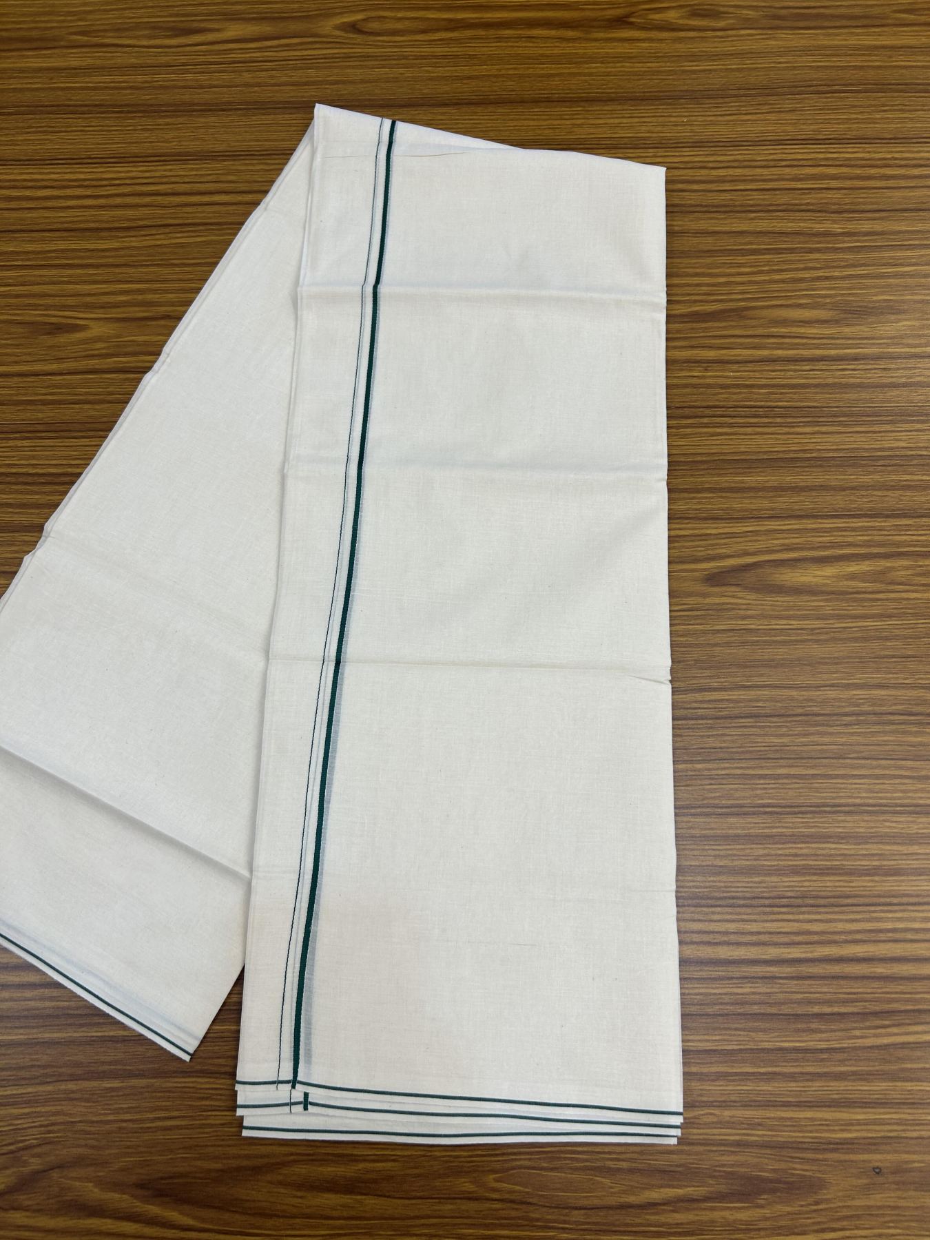 20% Discount! KaithariKada Balaramapuram 100% Cotton Double Off white - (Unbleached) - Mundu/Dhoti - 100x80 - 0.3 cm Green Thin Kara 4 mtr (8.5 muzham) - 35 KK5357 VAS
