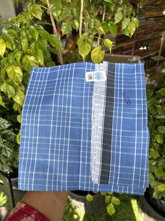 Kerala Handloom - Signature Kaitharikada - Government Sealed Hallmarked - 100% Pure Cotton - 2/60X40s Twisted Thread - Handloom Single Mundu/Dhoti - Blue Check Body  - 2.18 mtr - 55 KK8046 KAL