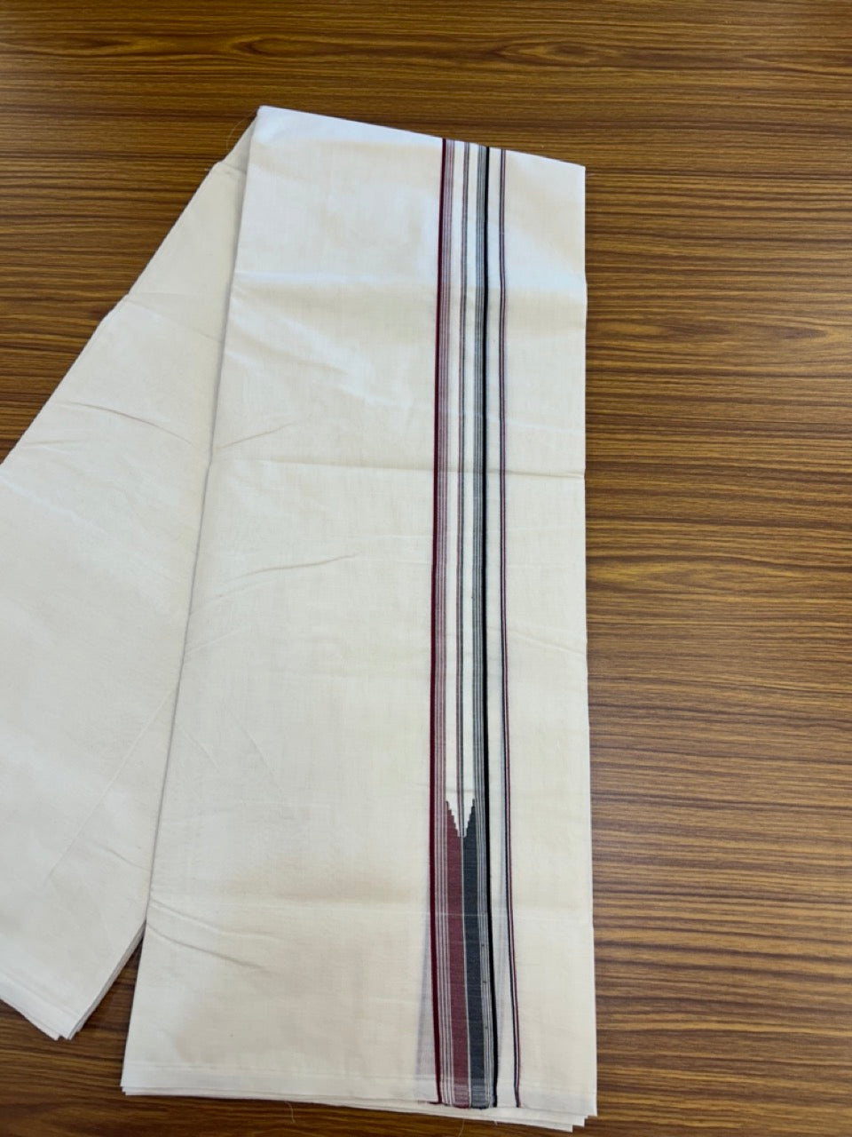 ADMK VESHTI 20% Discount !! KaithariKada Balaramapuram Double Off white - (Unbleached) Mundu/Dhoti - 100X100 - 1.5 inch Puliyilakkara Maroon & Black Striped Chutty Kara - Big Size Dhoti - 1 KK5288 ASH