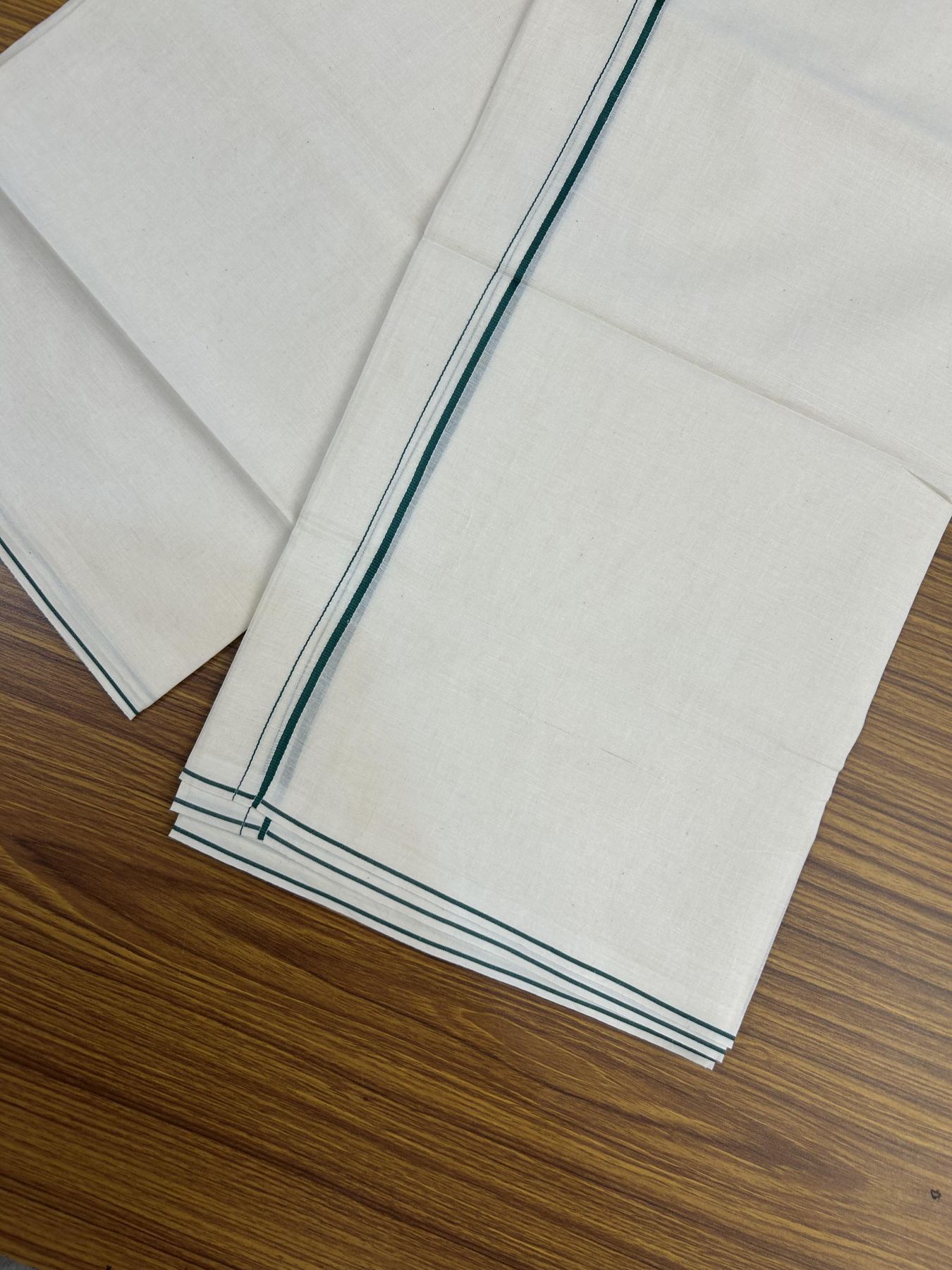 20% Discount! KaithariKada Balaramapuram 100% Cotton Double Off white - (Unbleached) - Mundu/Dhoti - 100x80 - 0.3 cm Green Thin Kara 4 mtr (8.5 muzham) - 35 KK5357 VAS