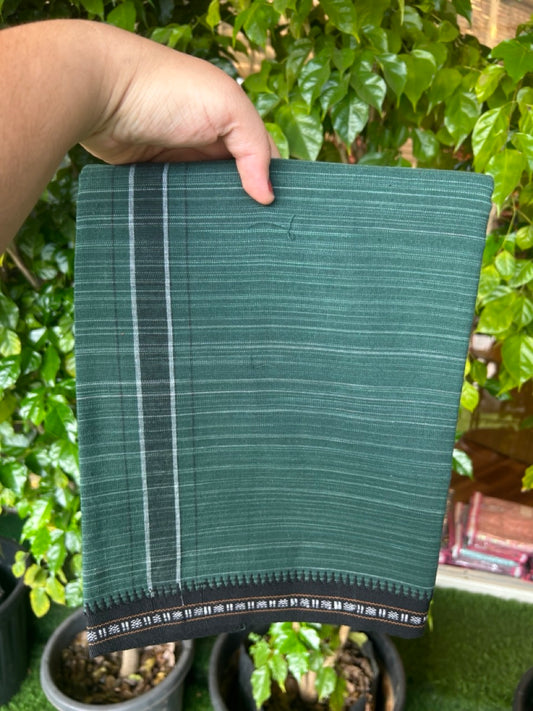 31% Discount!!! Kaitharikada 90% cotton 5 % Polyster - Single Kaily / Lungi -  1.75 inch Black Striped kara with White & Green colour body Kuppadam Border (2 meter / 4 muzham) - 25KK8023 AS