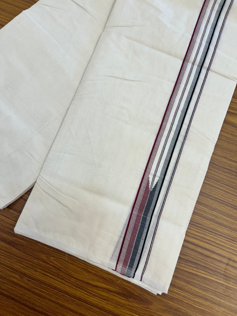 ADMK VESHTI 20% Discount !! KaithariKada Balaramapuram Double Off white - (Unbleached) Mundu/Dhoti - 100X100 - 1.5 inch Puliyilakkara Maroon & Black Striped Chutty Kara - Big Size Dhoti - 1 KK5288 ASH