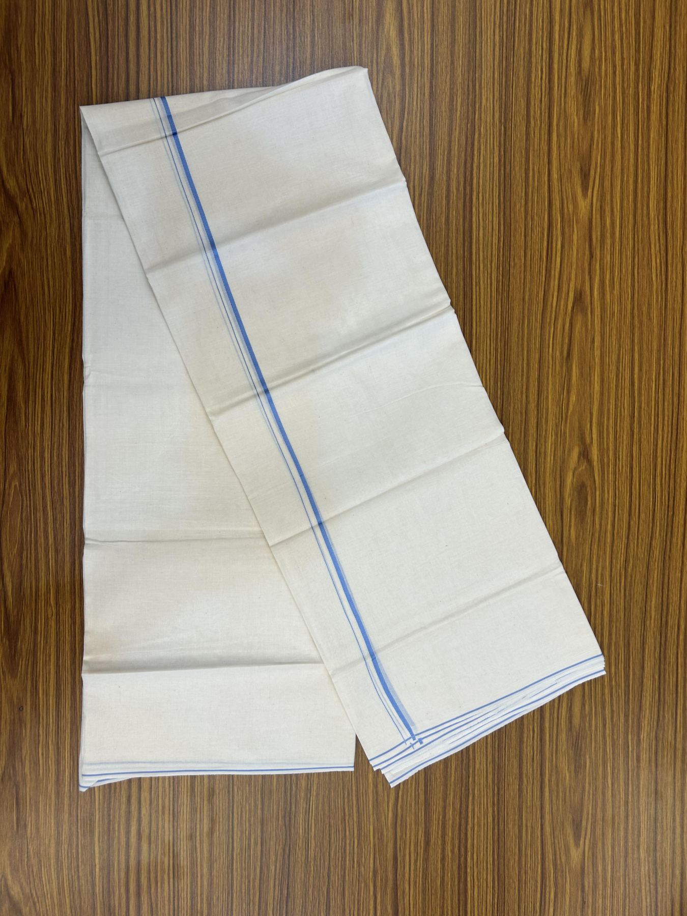 20% Discount! KaithariKada Balaramapuram 100% Cotton Double Off white - (Unbleached) - Mundu/Dhoti - 100x80 - 0.3 cm Light Blue Thin Kara 4 mtr (8.5 muzham) - 34 KK5357 VAS
