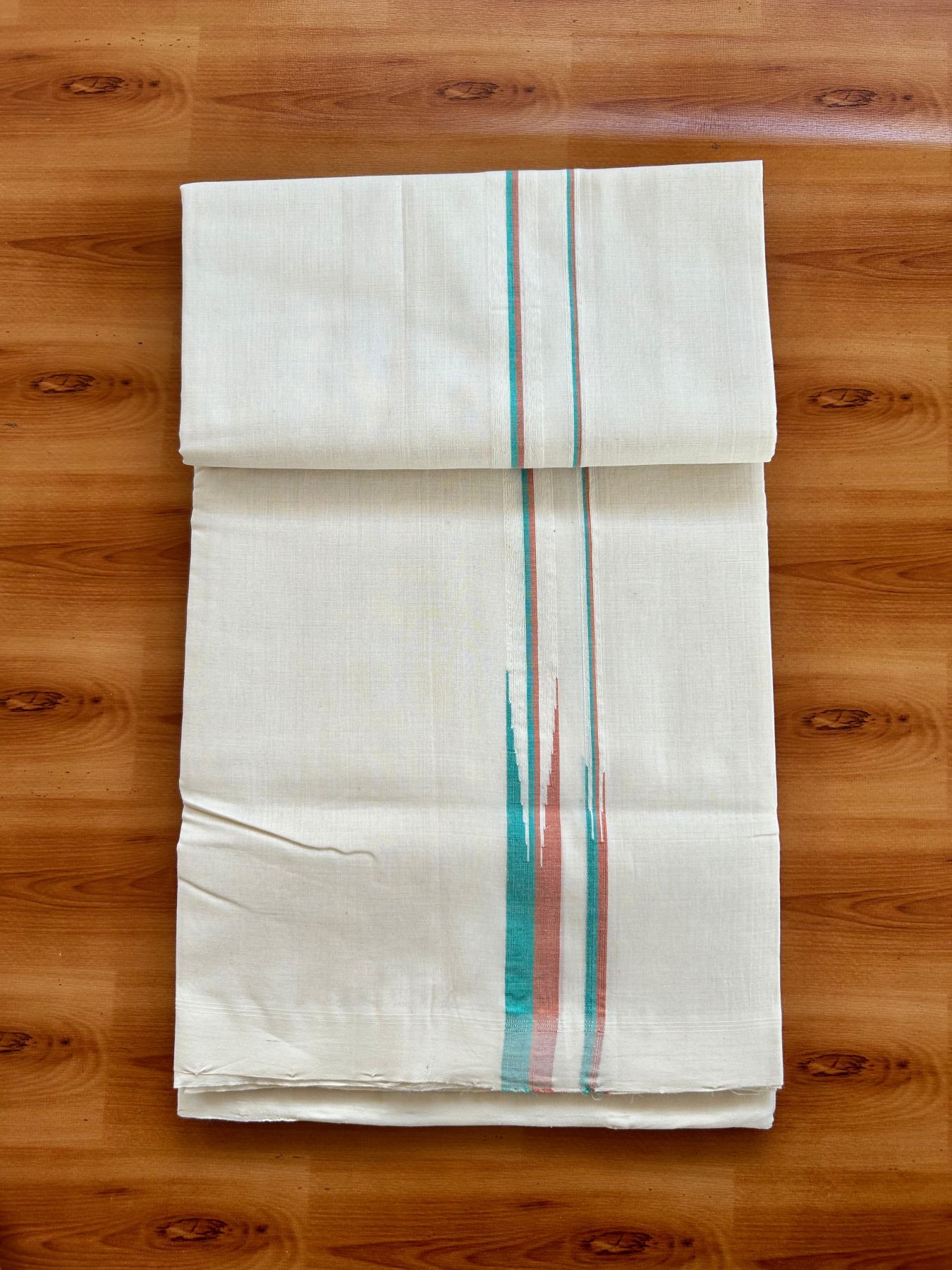 Double Off White (Unbleached) Mundu/Dhoti - 25% Discount!! KaithariKada Handloom Unakkupaav - 100% Pure Cotton - 100x80 - 1 inch Puliyilakkara Teal Green & Light Orange Double Chutty 4 meter (8.5 muzham) - 23 KK5498 REA
