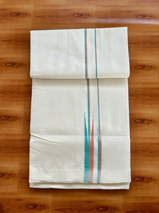 Double Off White (Unbleached) Mundu/Dhoti - 25% Discount!! KaithariKada Handloom Unakkupaav - 100% Pure Cotton - 100x80 - 1 inch Puliyilakkara Teal Green & Light Orange Double Chutty 4 meter (8.5 muzham) - 23 KK5498 REA