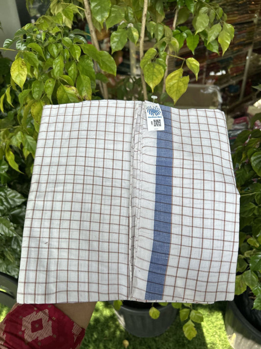 Kerala Handloom - Signature Kaitharikada - Government Sealed Hallmarked - 100% Pure Cotton - 2/60X40s Twisted Thread - Handloom Single Mundu/Dhoti - White & Brown check Body  - 2.22 mtr - 63 KK8046 KAL