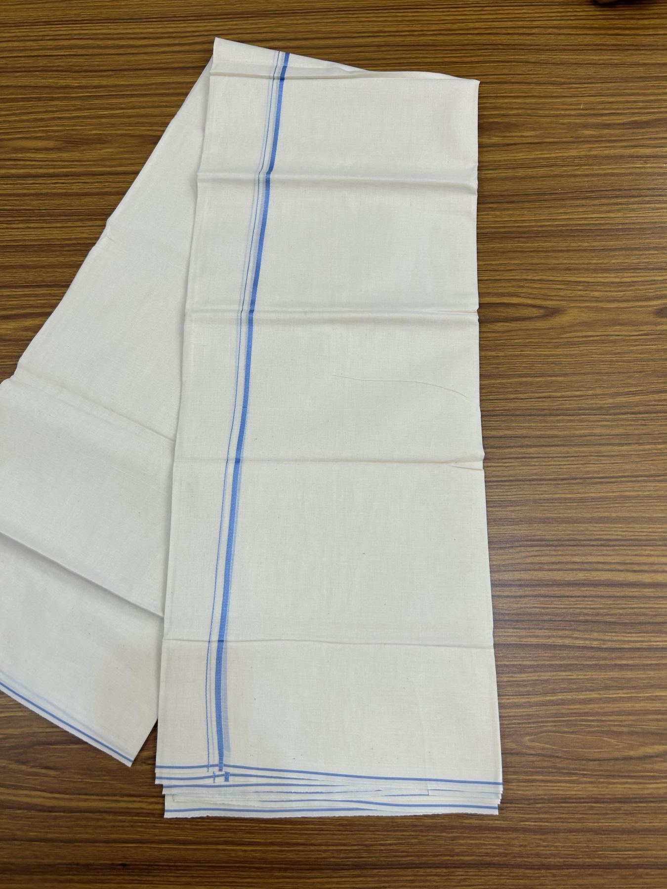 20% Discount! KaithariKada Balaramapuram 100% Cotton Double Off white - (Unbleached) - Mundu/Dhoti - 100x80 - 0.3 cm Light Blue Thin Kara 4 mtr (8.5 muzham) - 34 KK5357 VAS