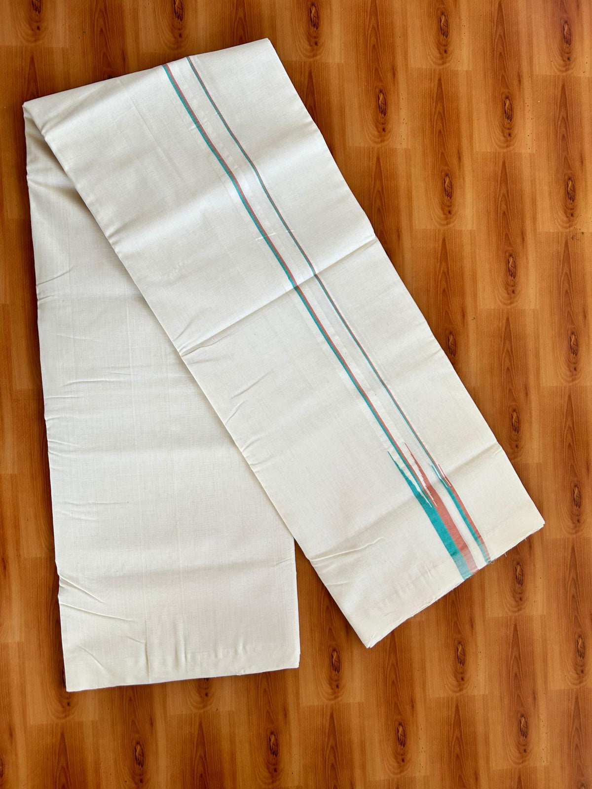 Double Off White (Unbleached) Mundu/Dhoti - 25% Discount!! KaithariKada Handloom Unakkupaav - 100% Pure Cotton - 100x80 - 1 inch Puliyilakkara Teal Green & Light Orange Double Chutty 4 meter (8.5 muzham) - 23 KK5498 REA