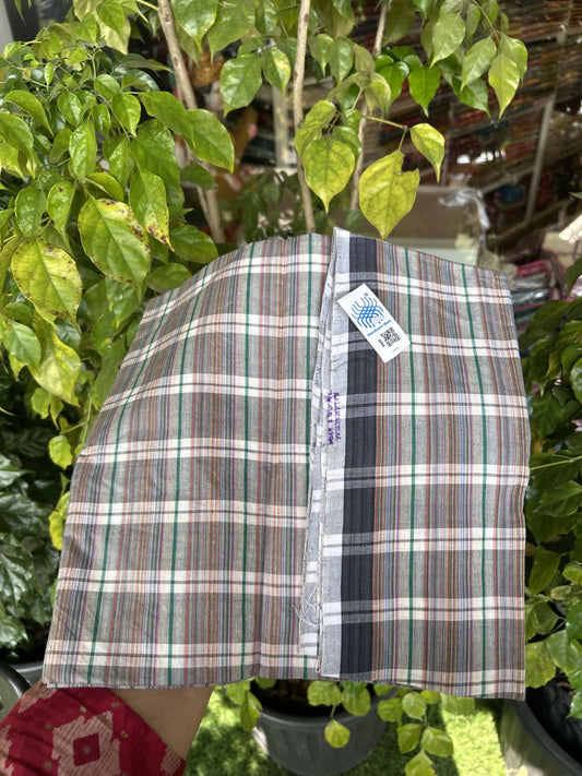 Kerala Handloom - Signature Kaitharikada - Government Sealed Hallmarked - 100% Pure Cotton - 2/60X40s Twisted Thread - Handloom Single Mundu/Dhoti - Green & Multi colour check Body  - 2.22 mtr - 68 KK8046 KAL