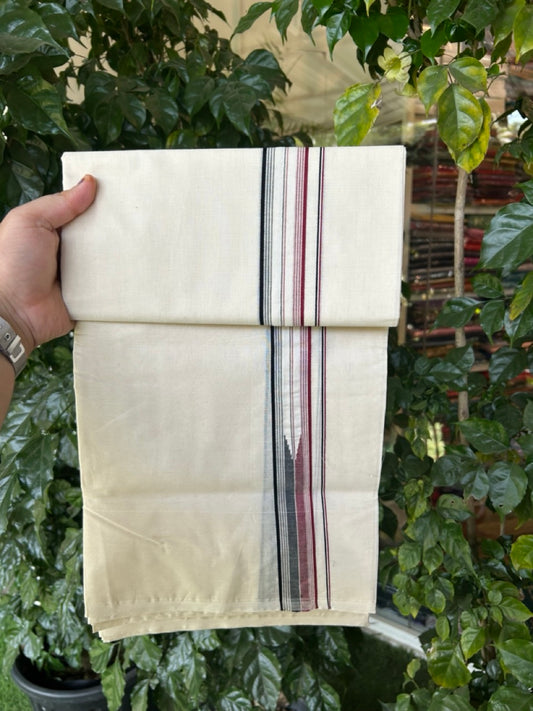ADMK VESHTI 20% Discount !! KaithariKada Balaramapuram Double Off white - (Unbleached) Mundu/Dhoti - 100X100 - 1.5 inch Puliyilakkara Maroon & Black Striped Chutty Kara - Big Size Dhoti - 2 KK5288 ASH