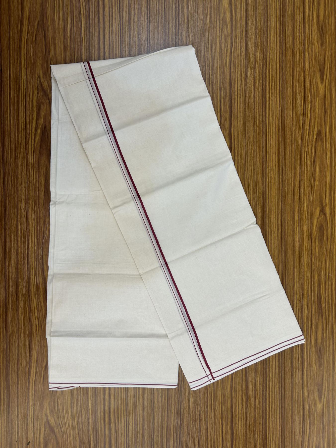 20% Discount! KaithariKada Balaramapuram 100% Cotton Double Off white - (Unbleached) - Mundu/Dhoti - 100x80 - 0.3 cm Maroon Pink Thin Kara 4 mtr (8.5 muzham) - 30 KK5357 VAS